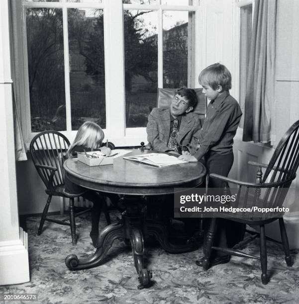 English theoretical physicist Stephen Hawking at home with his son Robert and daughter Lucy in Cambridge, England in 1978. Hawking, currently a...