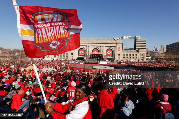 General view as fans assemble in front of Union Station prior to the Kansas City Chiefs Super Bowl LVIII victory parade on February 14, 2024 in...