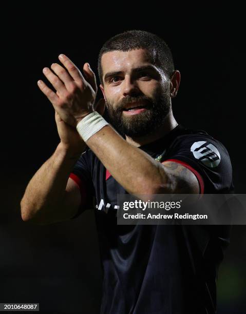 Elliot Lee of Wrexham celebrates at the end of the Sky Bet League Two match between Sutton United and Wrexham at VBS Community Stadium on February...