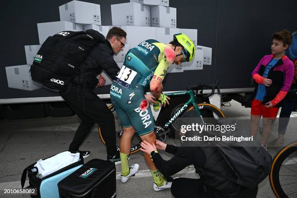 Marco Haller of Austria and Team BORA - hansgrohe injured after being involved in a crash after the 50th Volta ao Algarve em Bicicleta 2024, Stage 1...