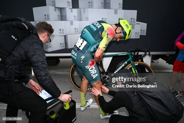 Marco Haller of Austria and Team BORA - hansgrohe injured after being involved in a crash after the 50th Volta ao Algarve em Bicicleta 2024, Stage 1...