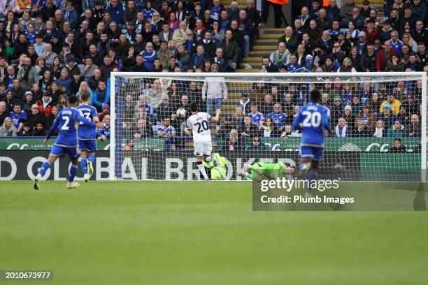 Finn Aziz of Middlesbrough scores past Mads Hermansen of Leicester City take make it 0-1 during the Sky Bet Championship match between Leicester City...