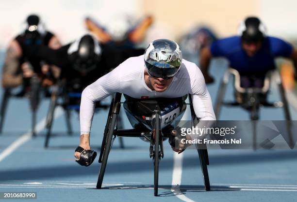 Marcel Hug of Switzerland competes in the in the Men's 800 m Wheelchair T54 time race during the 15th Fazza International Para Athletics...