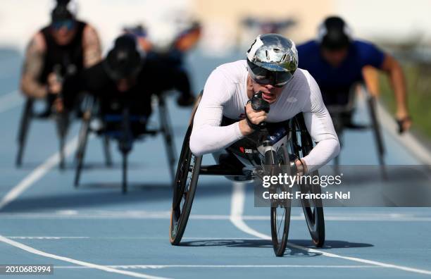 Marcel Hug of Switzerland competes in the in the Men's 800 m Wheelchair T54 time race during the 15th Fazza International Para Athletics...