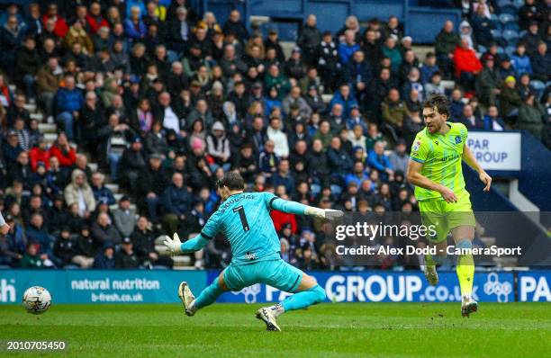 Blackburn Rovers' Sam Gallagher scores his side's second goal during the Sky Bet Championship match between Preston North End and Blackburn Rovers at...