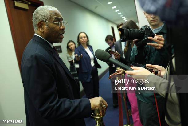 Rep. Gregory Meeks leaves a House Democratic caucus meeting on February 14, 2024 in Washington, DC. Democrats celebrated Representative-elect Tom...