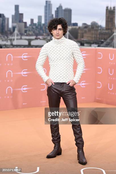 Timothée Chalamet attends the London photocall for "Dune: Part Two" presented by Warner Bros Pictures & Legendary at IET London on February 14, 2024...