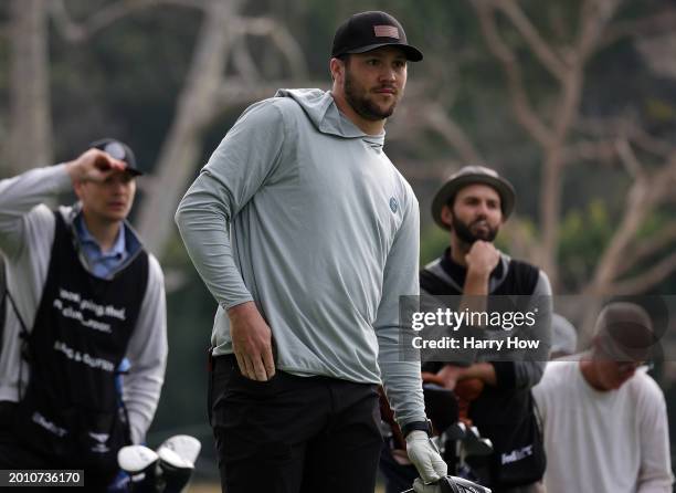 Josh Allen of the Buffalo Bills tees off the second hole during a pro-am prior to The Genesis Invitational at Riviera Country Club on February 14,...