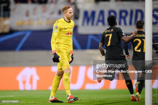 Peter Gulacsi of Leipzig looks dejected during the UEFA Champions League 2023/24 round of 16 first leg match between RB Leipzig and Real Madrid CF at...