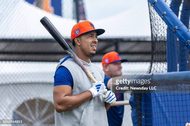 New York Mets infielder Mark Vientos holds a baseball bat during the team's spring training workout, in Port St. Lucie, Florida, on February 13, 2024.