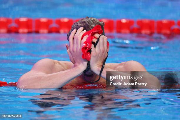Jeremy Desplanches of Team Switzerland looks dejected after competing in the Men's 200m Individual Medley Semifinals on day thirteen of the Doha 2024...