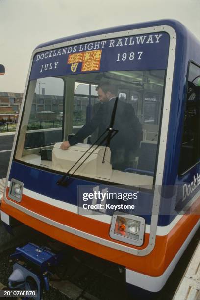 Train of the Docklands Light Railway , a medium-capacity system serving the redeveloped Docklands area of London, England, July 1987. Primarily...