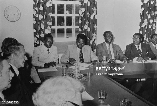 Rhodesian politician Ian Smith, Prime Minister of Rhodesia, among representatives of African nationalist leaders attending talks in Salisbury ,...