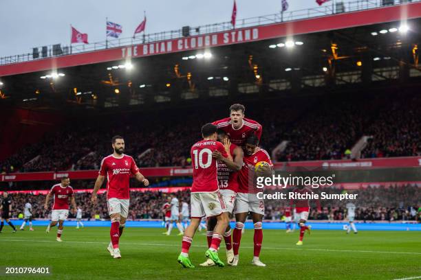 Taiwo Awoniyi of Nottingham Forest celebrates putting Forest in front during the Premier League match between Nottingham Forest and West Ham United...