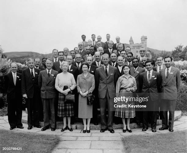 British Royals Mary, Princess Royal and Countess of Harewood, Elizabeth II, Prince Philip, Duke of Edinburgh, and Princess Margaret pose for a group...