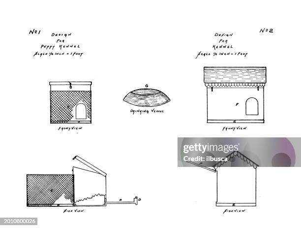 sport and pastimes in 1889: dog kennel diagram - pet lead stock illustrations