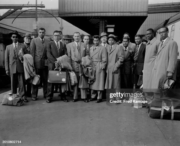 The West Indian cricket team at Waterloo Station in London, England, 14th April 1957. The team had arrived to play a five-match Test series against...