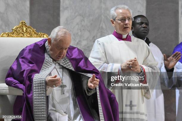 Pope Francis celebrates the beginning of Lent with Mass on Ash Wednesday at the Basilica of Santa Sabina on February 14, 2024 in Vatican City,...