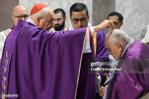 Pope Francis celebrates the beginning of Lent with Mass on Ash Wednesday at the Basilica of Santa Sabina on February 14, 2024 in Vatican City,...
