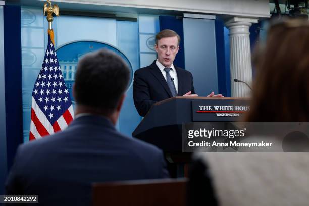 National Security Advisor Jake Sullivan speaks during daily news briefing in the James S. Brady Press Briefing Room of the White House on February...