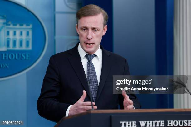 National Security Advisor Jake Sullivan speaks during daily news briefing in the James S. Brady Press Briefing Room of the White House on February...