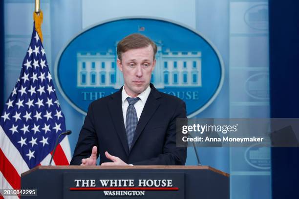 National Security Advisor Jake Sullivan speaks during daily news briefing in the James S. Brady Press Briefing Room of the White House on February...