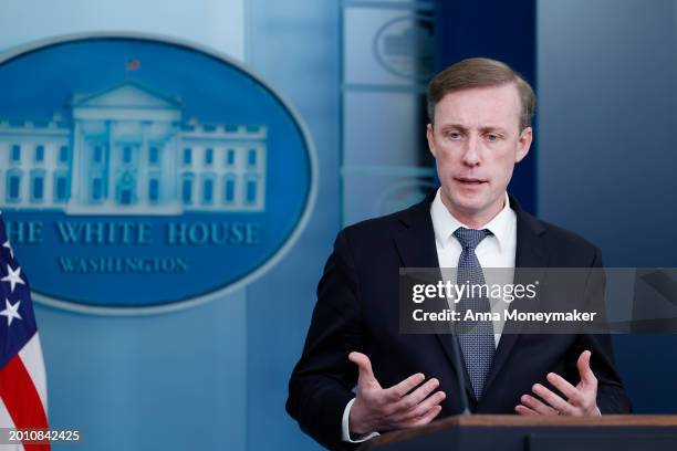 National Security Advisor Jake Sullivan speaks during daily news briefing in the James S. Brady Press Briefing Room of the White House on February...