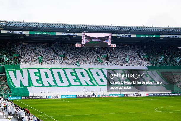 Overview of the Wohninvest Weserstadion in Bremen with a choegraphy of the fans on Werder's 125th birthday before the Bundesliga match between SV...