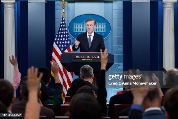 National Security Advisor Jake Sullivan speaks during daily news briefing in the James S. Brady Press Briefing Room of the White House on February...