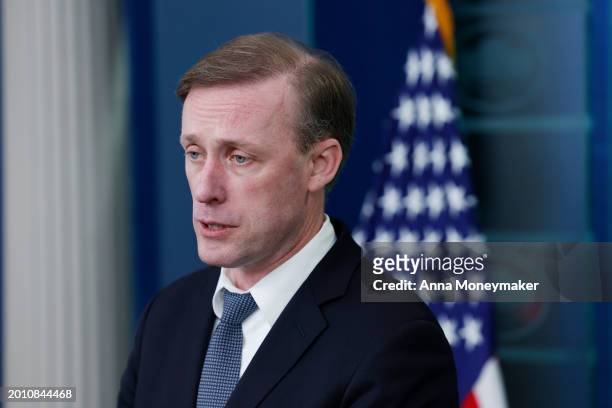 National Security Advisor Jake Sullivan speaks during daily news briefing in the James S. Brady Press Briefing Room of the White House on February...