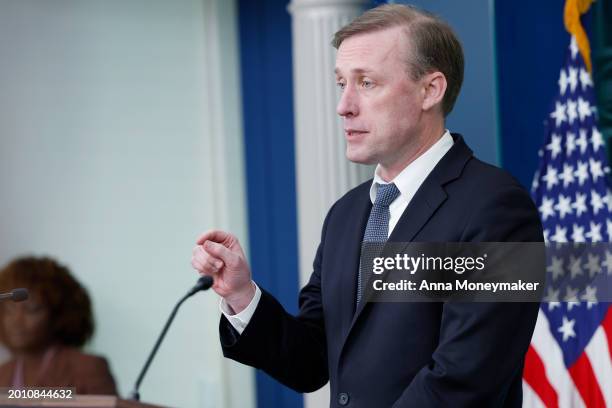 National Security Advisor Jake Sullivan speaks during daily news briefing in the James S. Brady Press Briefing Room of the White House on February...