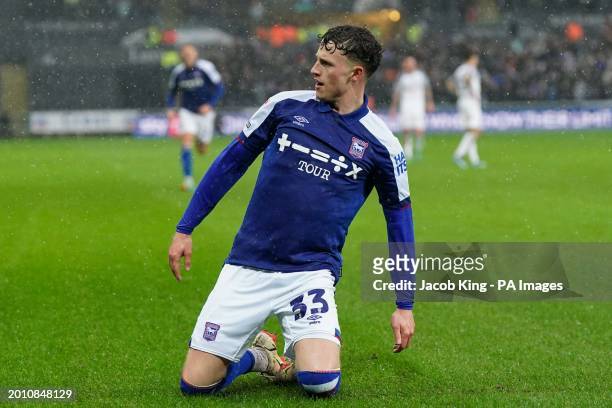 Ipswich Town's Nathan Broadhead celebrates scoring his sides first goal during the Sky Bet Championship match at the Swansea.com Stadium, Swansea....