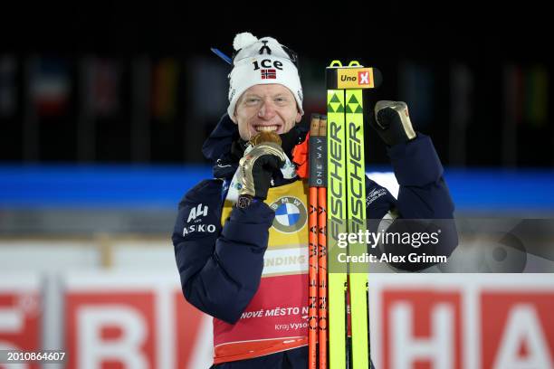 Gold medalist Johannes Thingnes Boe of Norway poses for a photo after the medal ceremony for the Men's 20K Individual at the IBU World Championships...