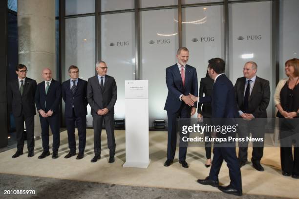King Felipe VI greets the President of the Generalitat, Pere Aragones , during the inauguration of the second tower of the company Puig, in...