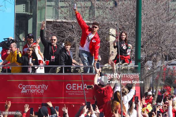 Patrick Mahomes of the Kansas City Chiefs celebrates during the Kansas City Chiefs Super Bowl LVIII victory parade on February 14, 2024 in Kansas...