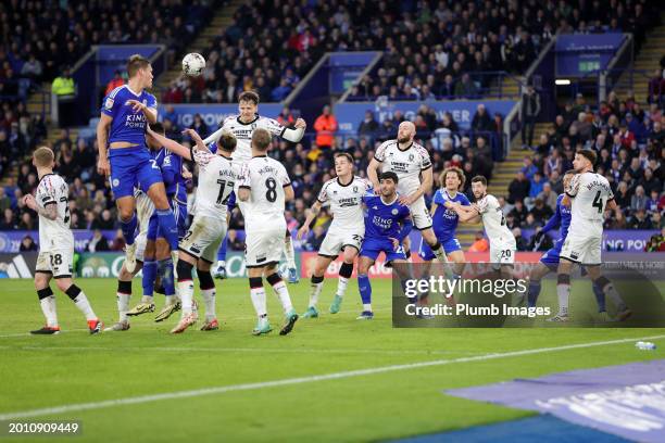 Jannik Vestergaard of Leicester City heads the ball towards goal during the Sky Bet Championship match between Leicester City and Middlesbrough at...