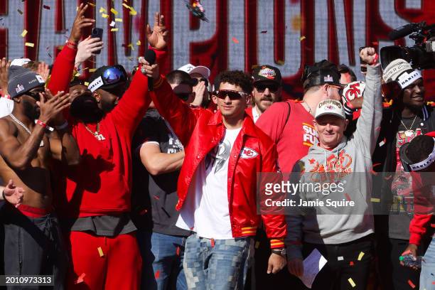 Patrick Mahomes of the Kansas City Chiefs addresses the crowd during the Kansas City Chiefs Super Bowl LVIII victory parade on February 14, 2024 in...