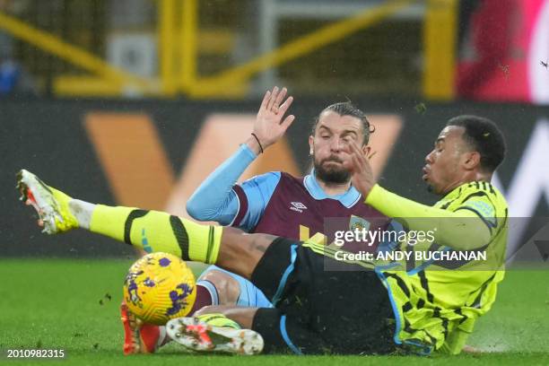 Burnley's English striker Jay Rodriguez vies with Arsenal's Brazilian defender Gabriel Magalhaes during the English Premier League football match...