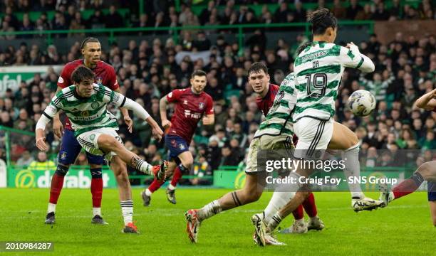 Celtic's Paulo Bernardo has a shot on target during a cinch Premiership match between Celtic and Kilmarnock at Celtic Park, on February 17 in...