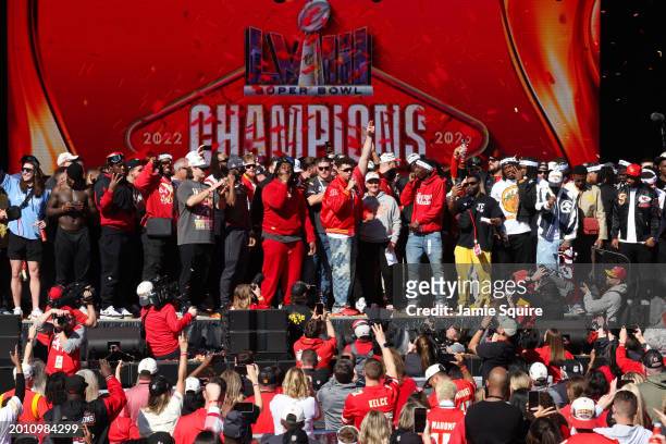 Patrick Mahomes of the Kansas City Chiefs addresses the crowd during the Kansas City Chiefs Super Bowl LVIII victory parade on February 14, 2024 in...