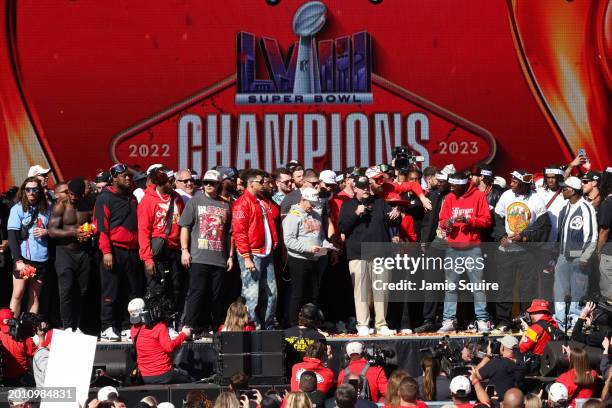 Head coach Andy Reid of the Kansas City Chiefs addresses the fans during the Kansas City Chiefs Super Bowl LVIII victory parade on February 14, 2024...