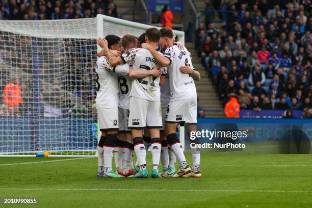 Finn Azaz is celebrating with his teammates after scoring for Middlesbrough, taking the lead to make it 1-0 against Leicester City, during the first...