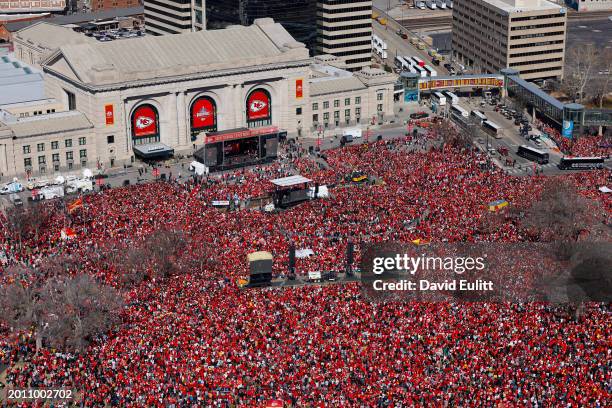 General view of Kansas City Chiefs fans gathered at Union Station during the Kansas City Chiefs Super Bowl LVIII victory parade on February 14, 2024...