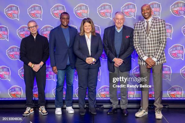 Attendees pose for a photo during the Hall of Fame Press Conference as part of NBA All-Star Weekend on Friday, February 16, 2024 at Lucas Oil Stadium...