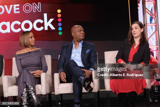 Holly Robinson Peete, Rodney Peete and Rachel Smith attend the 2024 TCA Winter Press Tour - NBCUniversal at The Langham Huntington, Pasadena on...