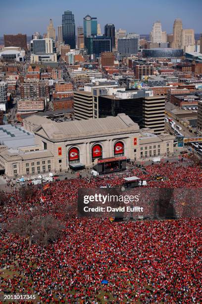 General view of Kansas City Chiefs fans gathered at Union Station during the Kansas City Chiefs Super Bowl LVIII victory parade on February 14, 2024...