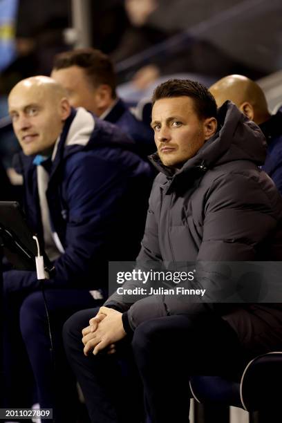 Joe Edwards, Manager of Millwall, looks on during the Sky Bet Championship match between Millwall and Ipswich Town at The Den on February 14, 2024 in...