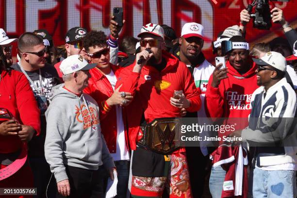Patrick Mahomes and Travis Kelce of the Kansas City Chiefs address the crowd during the Kansas City Chiefs Super Bowl LVIII victory parade on...