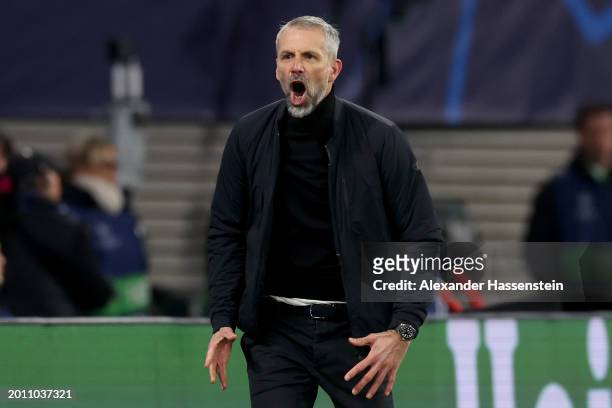 Marco Rose, Head Coach of RB Leipzig, reacts during the UEFA Champions League 2023/24 round of 16 first leg match between RB Leipzig and Real Madrid...