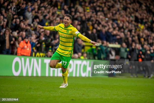 Gabriel Sara is celebrating after scoring a goal from a free kick to make it 2-1 during the Sky Bet Championship match between Norwich City and...